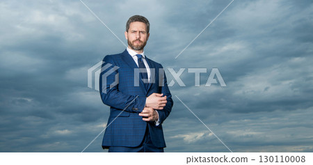 Professional man sky background. Grizzled man in suit. Serious man outdoors, copy space 130110008