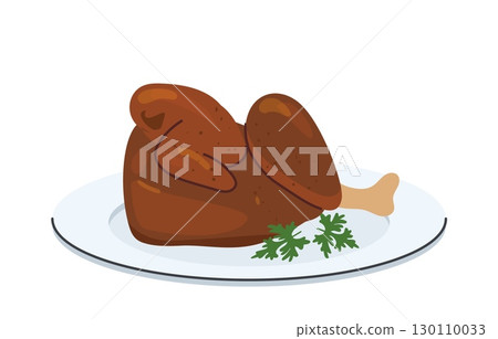 Traditional Oktoberfest roasted half chicken served on plate with garnish flat style food icon 130110033