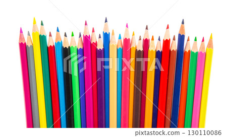 A vibrant row of sharpened colored pencils in various hues 130110086