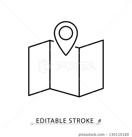 Map line icon with editable stroke. Vector outline of folded paper map with location pin. Minimalist navigation symbol for travel, tourism, geography, destination, route planning and city guide. Map line icon with editable stroke. Vector outline of folded paper map with location pin. Minimalist navigation symbol for travel, tourism, geography, destination, route planning and city guide. 130110180
