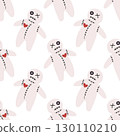 Seamless pattern with cute voodoo dolls. Fun and spooky ragdoll characters with stitched details, buttons, and pins. Perfect for fabric, wallpaper, packaging, wrapping paper, and seasonal decoration. 130110210