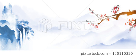 Minimalist blue ink landscape with misty mountains, waterfall, and sakura blossom on white background. Translation of hieroglyph - zen 130110330