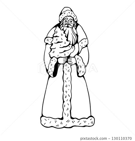 Santa Claus with a Christmas tree in his hands Christmas illustration. Father Frost figurine vector monochrome outline illustration isolated on white background. Symbol of New Year and Christmas Santa Claus with a Christmas tree in his hands Christmas illustration. Father Frost figurine vector monochrome outline illustration isolated on white background. Symbol of New Year and Christmas 130110370