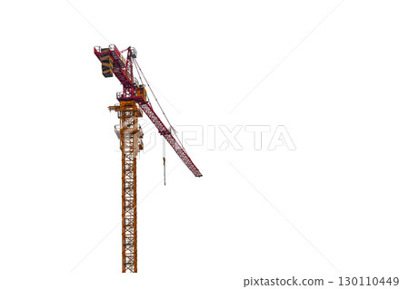Orange red tower type construction crane isolated on white background with empty copy space, with boom pointing into distance with perspective, slings hanging freely on hook, cable raised to top Orange red tower type construction crane isolated on white background with empty copy space, with boom pointing into distance with perspective, slings hanging freely on hook, cable raised to top 130110449