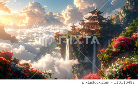A temple in the sky floating in a sea of clouds 130110492