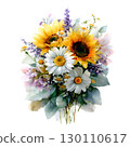 Watercolor flower bouquet with sunflowers, daisies and lavender perfect for wedding invitations 130110617