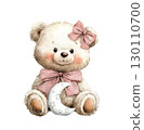 Watercolor illustration of a cute teddy bear with a bow holding a moon with stars.  130110700