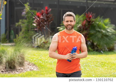 Sport runner man has thirst. Healthy life. Water balance in body. Sport man feel thirst drinking water. Hydration vitality. Be hydrated. Thirsty runner after workout, banner. Thirsty man drink water 130110702