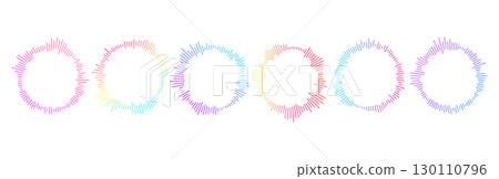 Rainbow colored radial wave pattern with glowing neon tones. Abstract representation of music frequencies in a bright, modern vector. Rainbow colored radial wave pattern with glowing neon tones. Abstract representation of music frequencies in a bright, modern vector. 130110796