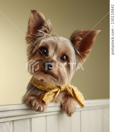 A cute Yorkshire Terrier puppy peeks out from behind a fence 130110842