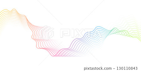 Futuristic geometric abstract shapes neon halftones pulsating undulating wavy dotted lines. Gradient sound wave. Modern vector design for equalizer, audio recording, voice assistant. 130110843