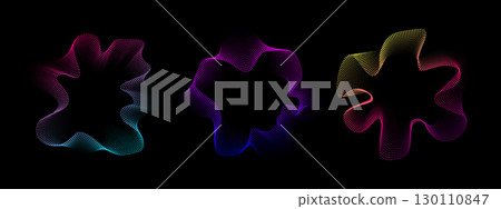 A set of multicolored neon sound waves. Sound dots lines, radial spectrum, sound equalizers. Colorful equalizer background. Circular geometric wavy frame. Vector radial spectrum. 130110847