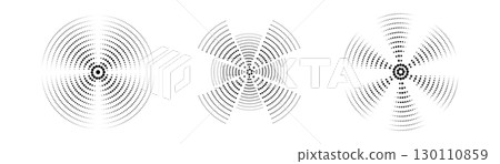 A set of black sound wave rings, of interrupted lines and dots . Rings with radial lines. Target icon, epicenter. Concentric vortex circles. Vector illustration A set of black sound wave rings, of interrupted lines and dots . Rings with radial lines. Target icon, epicenter. Concentric vortex circles. Vector illustration 130110859