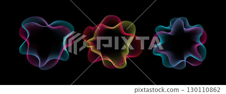 A set of multicolored neon sound waves. Sound doots lines, radial spectrum, . Colorful equalizer background. Colorful cover for music poster and banner. Vector radial spectrum. A set of multicolored neon sound waves. Sound doots lines, radial spectrum, . Colorful equalizer background. Colorful cover for music poster and banner. Vector radial spectrum. 130110862