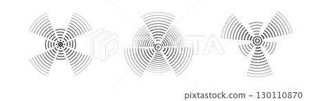 A set of black sound wave rings, of interrupted lines and dots . Rings with radial lines. Target icon, epicenter.  Concentric vortex circles. Vector illustration 130110870
