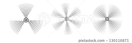 A set of black sound wave rings, of interrupted lines and dots . Rings with radial lines. Target icon, epicenter. Concentric vortex circles. Vector illustration A set of black sound wave rings, of interrupted lines and dots . Rings with radial lines. Target icon, epicenter. Concentric vortex circles. Vector illustration 130110871