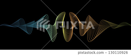 Abstract fluent wavy lines of the sound wave. Dynamic pulsating wave. Musical neon concept, symbols of the frequency of digital music. Vector illustration on a black background 130110926