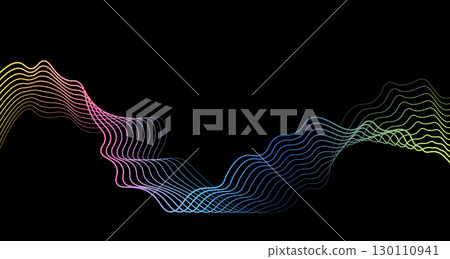 Futuristic geometric abstract shapes neon halftone pulsating wavy lines. Gradient sound wave on black background. Modern design for equalizer, audio recording, voice assistant. Vector 130110941