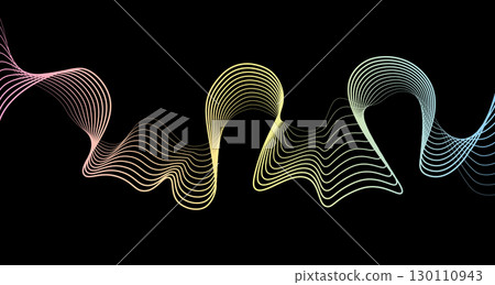 Futuristic geometric abstract shapes neon halftone pulsating wavy lines Gradient sound wave on black background. Modern vector design for equalizer, audio recording, voice assistant. 130110943