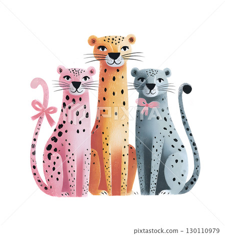 llustration with three cute cartoon bright leopards suitable for children's products 130110979