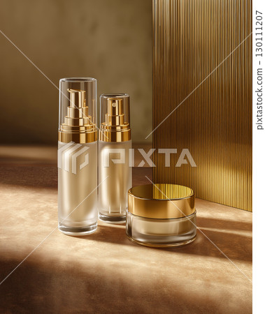 Golden luxury skincare set with elegant cosmetic bottles and jar Golden luxury skincare set with elegant cosmetic bottles and jar 130111207