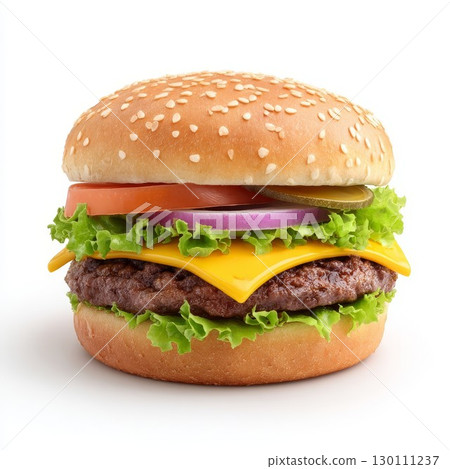 Tasty burger with sesame bun and fresh veggies. Juicy patty with cheese, lettuce, tomato, perfect for fast food lovers. 130111237