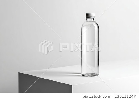 Transparent bottle with dark lid on white stand. Empty vessel for beverage or liquid. Ideal for minimalist product packaging mockup. 130111247