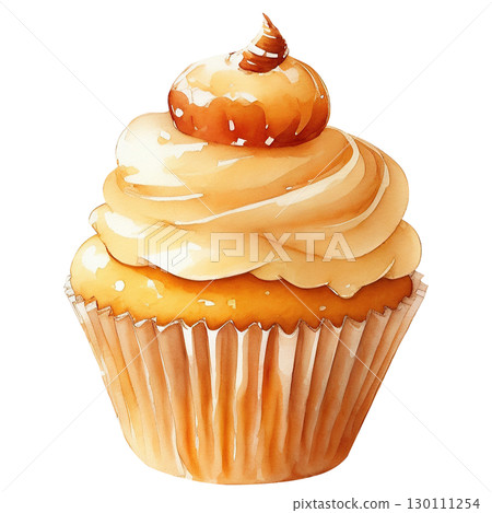 Sweet honey cupcake with fluffy whipped cream, painted in warm watercolor tones and isolated on white background. Tempting dessert illustration with golden details 130111254