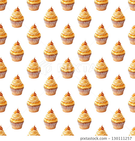 Watercolor repeating pattern of honey cupcakes with fluffy whipped cream and golden drizzle accents. Versatile design for digital papers and food blogs 130111257