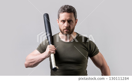 mature hooligan man with bat in studio. photo of hooligan man with bat. 130111284