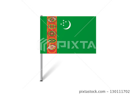 Turkmenistan flag - map pin flag representing a country cultural identity and heritage. The essence of national pride and unity. Map pin flag stuck in a white background Turkmenistan flag - map pin flag representing a country cultural identity and heritage. The essence of national pride and unity. Map pin flag stuck in a white background 130111702