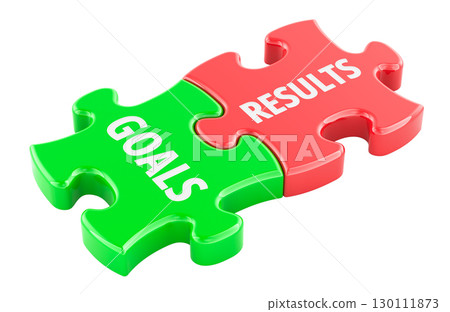 Goals and Results, puzzle pieces. 3D rendering 130111873
