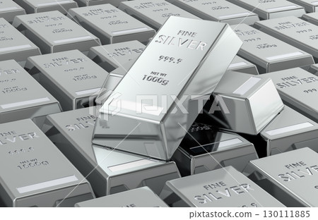 Silver bullion bars 999.9 fine, background. 3D rendering Silver bullion bars 999.9 fine, background. 3D rendering 130111885