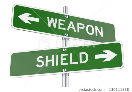 Weapon or Shield green direction arrows, street signs. 3D rendering 130111888