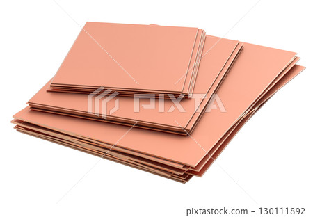 Copper sheets stack, raw industrial material. 3D rendering Copper sheets stack, raw industrial material. 3D rendering 130111892