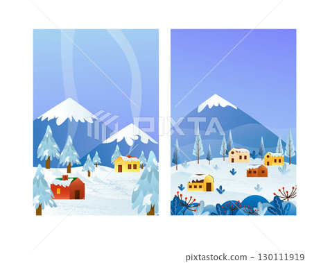 Winter landscape with snow-capped mountains and village houses. Village at the foot of the mountain. Cozy winter story. Concept of Christmas and New Year holidays. Winter landscape with snow-capped mountains and village houses. Village at the foot of the mountain. Cozy winter story. Concept of Christmas and New Year holidays. 130111919