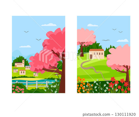 Spring nature landscape illustrations. Scene with village houses, blossoming trees, flowers and path. Fence, river and green hills with village settlement. Countryside illustration. 130111920