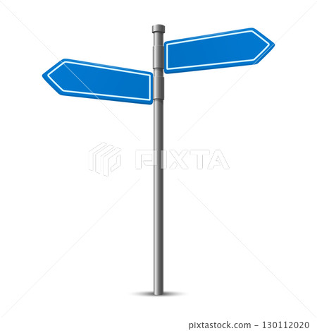 Vector Blank Blue Road Sign Post with Two Empty Directional Arrows, Isolated. Street Signage Template. Empty Guidepost for Navigation. Direction Board for Text, Message, Vector Illustration 130112020