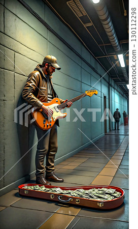 Street musician performing with guitar, subway tunnel, money in case. A street musician stands in a subway tunnel, leaning against a wall and playing a guitar. 130112298