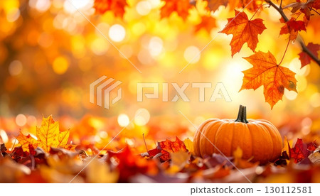 在橙色和紅色落葉的背景下裝飾迷你南瓜 在橙色和紅色落葉的背景下裝飾迷你南瓜 130112581