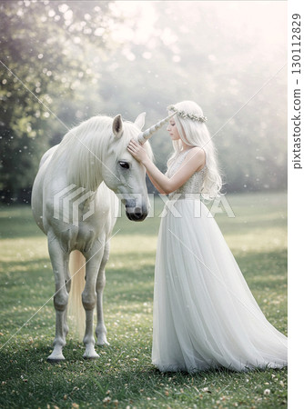 Fantasy landscape of a woman in a white dress touching a unicorn 130112829