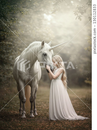 Fantasy landscape of a woman in a white dress touching a unicorn 130112833