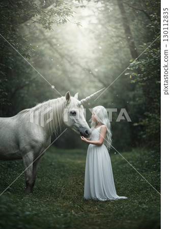 Fantasy landscape of a woman in a white dress touching a unicorn in the forest 130112835