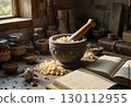 Apothecary's Mortar and Pestle with Old Books 130112955
