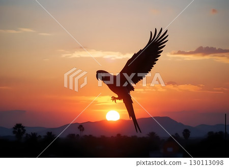 Macaw Flying Against a Sunset 130113098