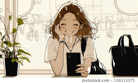 一位女士正在使用智慧型手機,臉上洋溢著幸福的表情(簡單的顏色) 一位女士正在使用智慧型手機,臉上洋溢著幸福的表情(簡單的顏色) 130113375