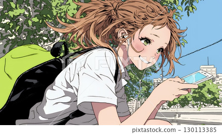 A woman using a smartphone with a happy expression A woman using a smartphone with a happy expression 130113385