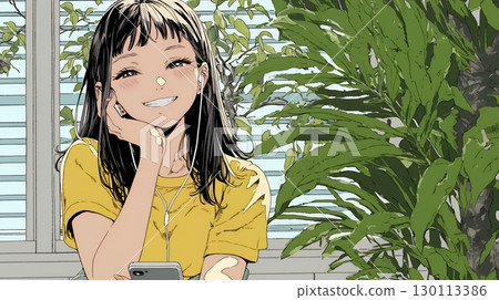 A woman using a smartphone with a happy expression A woman using a smartphone with a happy expression 130113386