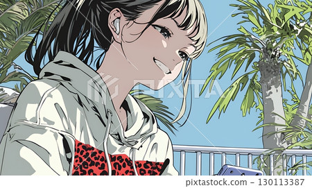 A woman using a smartphone with a happy expression 130113387