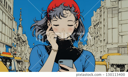 A woman using a smartphone with a happy expression 130113400